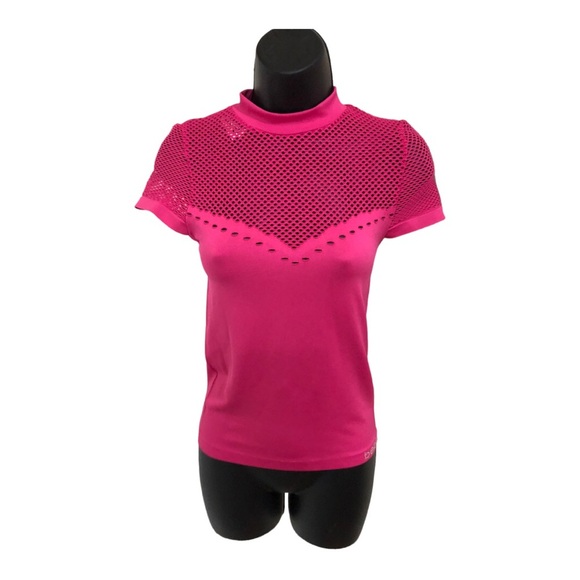 Bebe hot pink mesh rhinestone bebe logo scuba fit stretch active top size XS/S - Picture 13 of 14